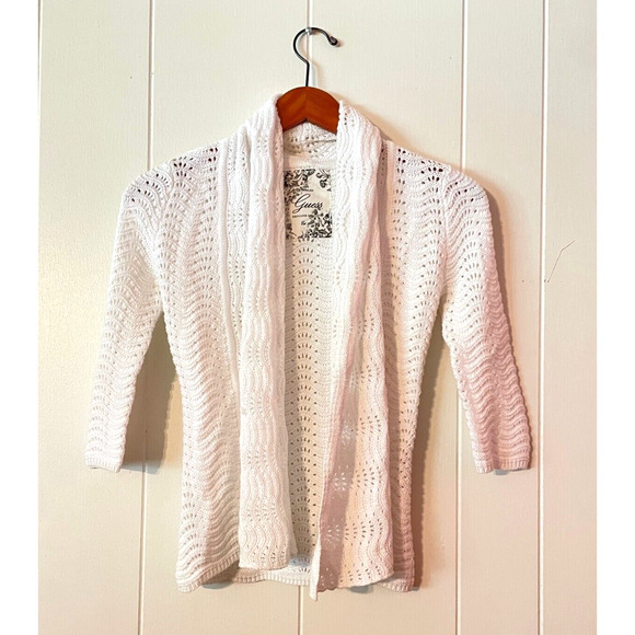 Guess Womens Cardigan Medium White Open Knit Cropped Open Stretch Cottagecore - Picture 1 of 7